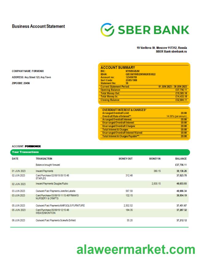 Sberbank Bank enterprise checking account statement Word and PDF template